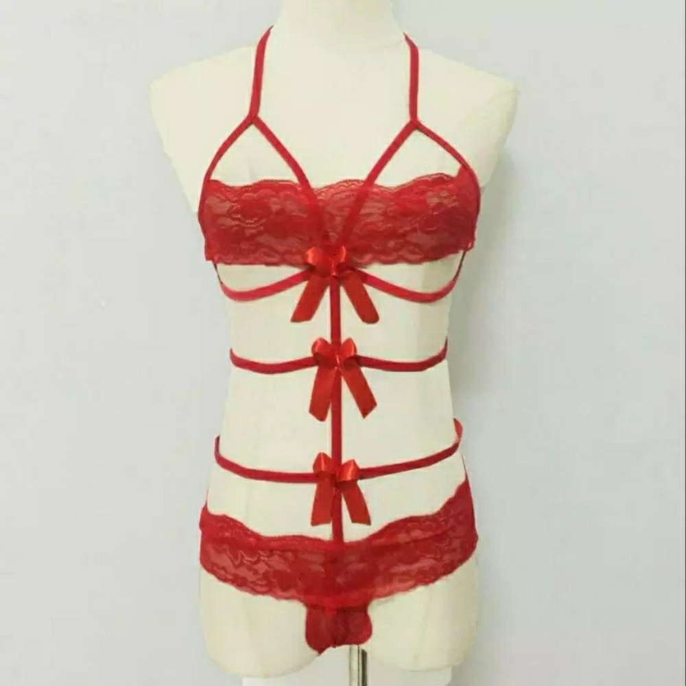 Sexy red lace teddy with bows - Picture 3 of 5